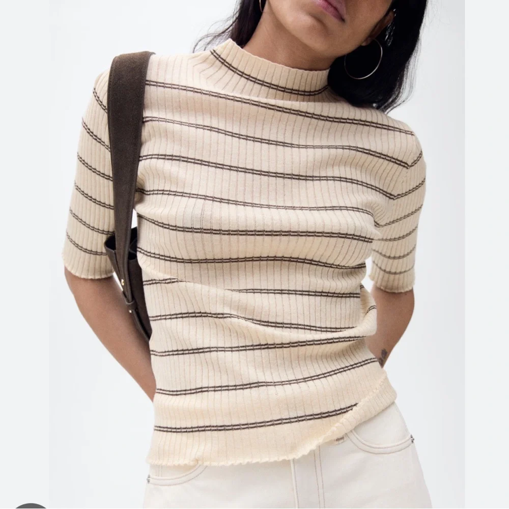 Mango RIB-KNIT SWEATER WITH PERKINS NECK medium brown stripes size M gently used - Picture 1 of 8